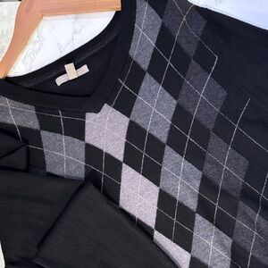 Nordstrom Men’s Argyle Merino Wool V-Neck Sweater Black Gray XXL